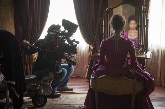 Gugu Mbatha-Raw on the set of BELLE