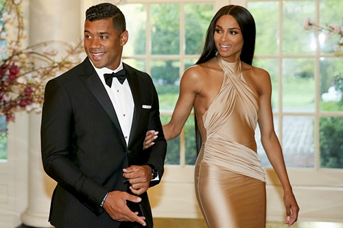 Seattle Seahawks Quarterback Russell Wilson and entertainer Ciara Harris arrive for a state dinner for Japanese Prime Minister Shinzo Abe, Tuesday, April 28, 2015, at the White House in Washington. (AP Photo/Andrew Harnik)