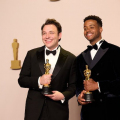 Ben Proudfoot and Kris Bowers pose backstage with the Oscar® for Documentary Short Film during the live ABC telecast of the 96th Oscars® at Dolby® Theatre at Ovation Hollywood on Sunday, March 10, 2024.
